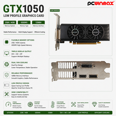 PCWINMAX GTX 1050 Настольная графическая карта 2GB 128Bit GDDR5 низкий профиль двойной вентилятор