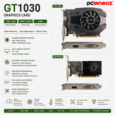 PCWINMAX GT 1030 2 ГБ GDDR5 ATX Графическая карта 64 Битовая однофанатная HD DVI видеокарта для настольных компьютеров