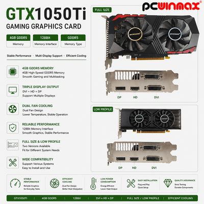 PCWINMAX GeForce GTX 1050 Ti Графическая карта 4GB DDR5 128 Бита Двойные вентиляторы 650MHz 1800MHz Частота 1050Ti Рабочий стол GPU