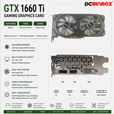 Видеокарта PCWINMAX Geforce GTX 1660 Ti 6GB GPU 192 бит 1500МГц/1770МГц HD DP DVI 14 Гбит/с