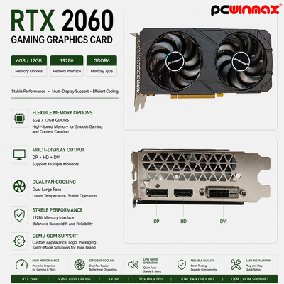 PCWINMAX Geforce RTX 2060 6GB GDDR6 192Bit 1680MHz Графическая карта для игр с двумя вентиляторами с HD/DP/DVI На складе для настольных компьютеров