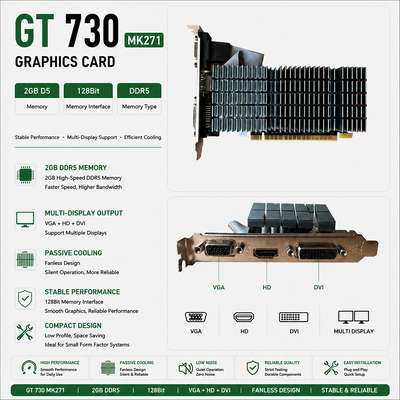 Графическая карта PCWINMAX GT 730 2GB GDDR5 64 бит низкопрофильный пассивный охлаждающий графический процессор с I / O скобками OEM / ODM для тихих HTPC и офисных ПК