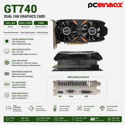 PCWINMAX Оригинальная GeForce GT 740 2GB GDDR5 128Bit Dual Fan Desktop VGA HD DVI Графическая карта